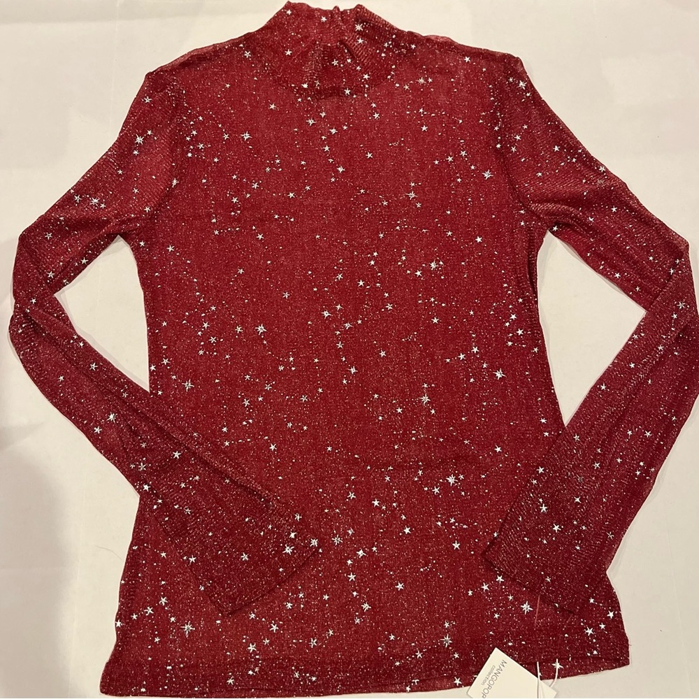 Women's Sparkling Red Star Mock Neck Long Sleeve Top